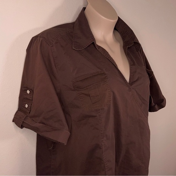 26W 28WCATO BROWN WRAP BLOUSE TOP COLLAR SHORT SLEEVE STRETCH COTTON BLEND - Picture 10 of 12